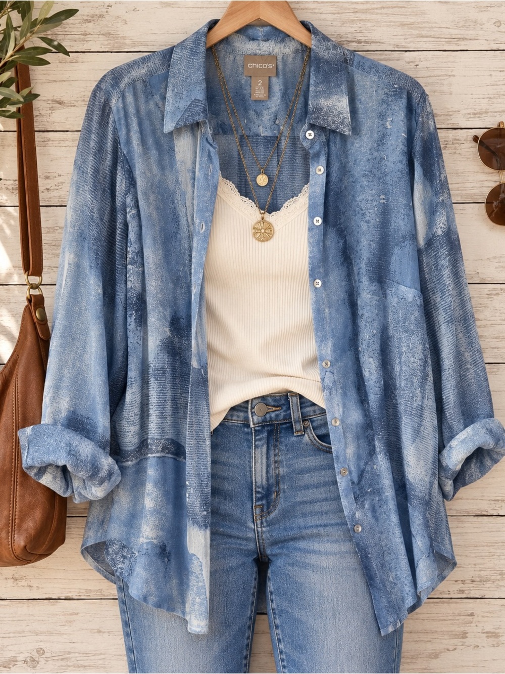 Chico’s Abstract Watercolor Button Down Blouse Semi Sheer Tunic 2/L NWT